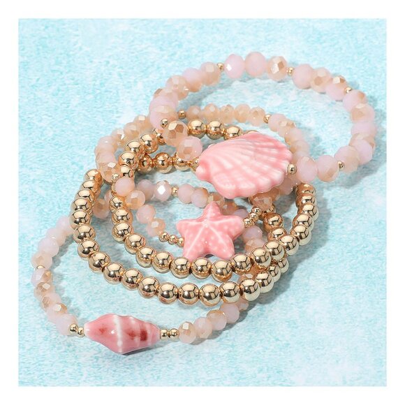 Tigerstars Set Of Five Pink Starfish Shell Beaded Stretch Layered Bracelets - Picture 2 of 2